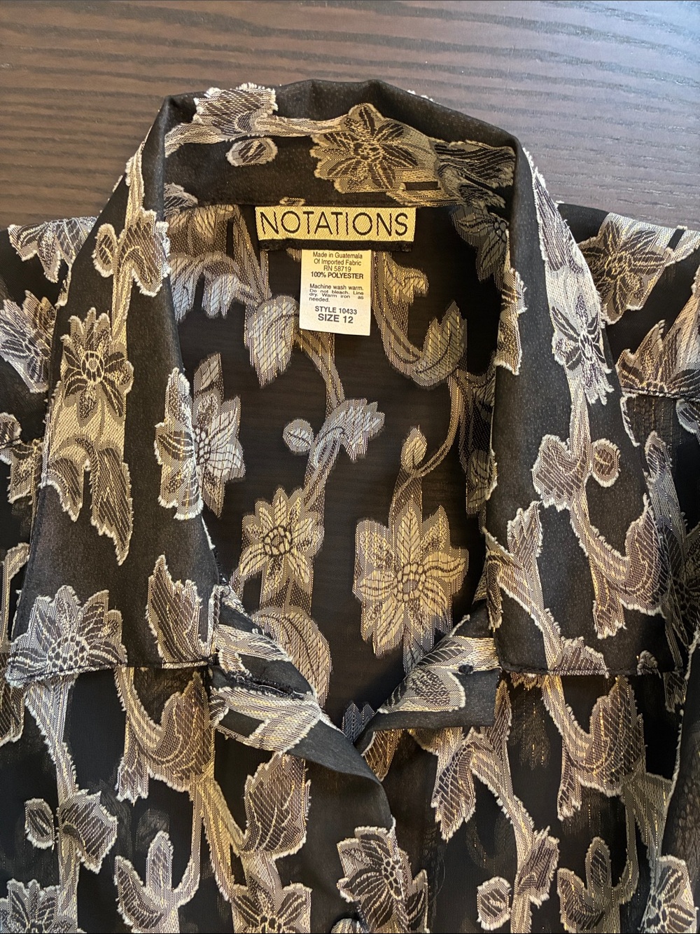 Vintage Notations Black Shirt with Gold Stripes& Beige Floral Pattern - Picture 3 of 8